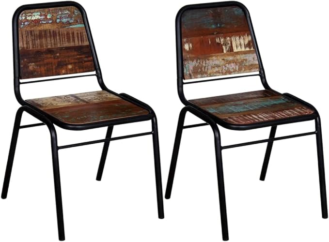 Solid Reclaimed Wood Dining Chairs Set of 2 Antique-Style Kitchen Chairs with Powder-Coated Steel Frame for Farmhouse Dining Room Furniture