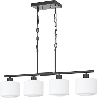 4-Light Kitchen Island Lighting, Modern Black Linear Dining Room Chandelier Light Fixtures with Milk Glass and Chain, Farmhouse Hanging Lights for Kitchen Island Dining Room, OS-YQ8153-4ISBKW