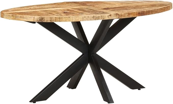Industrial Style Dining Table for Kitchen Spaces, Rough Mango Wood, Oval Shape, Powder-Coated Steel Frame, Perfect for Family Room Meals