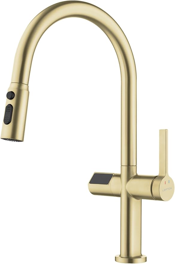 Lefton Touchless Pull-Out Kitchen Faucet, Hands Free Motion Sensor Activated, Battery-Free Temperature Display, KF2206 (Contemporary, Brushed Gold)