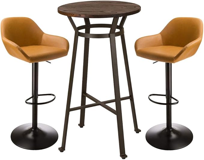 Glitzhome 3-Piece Pub Table and Chairs, Round Bar Height Adjustable Swivel PU Leather Bar Stools Set of 2, Rustic Dining Room Tables for Kitchen Island Bistro Office Living Room Small Space Restaurant