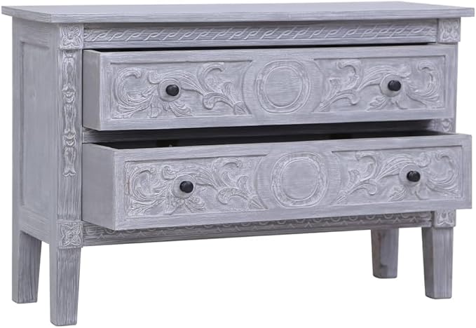 Mid Century Modern Sideboard with 2 Drawers 35.4x11.8x23.6 Inches Solid Mahogany Wood Cabinet for Living Room Dining Room Storage Furniture Gray Wash Finish