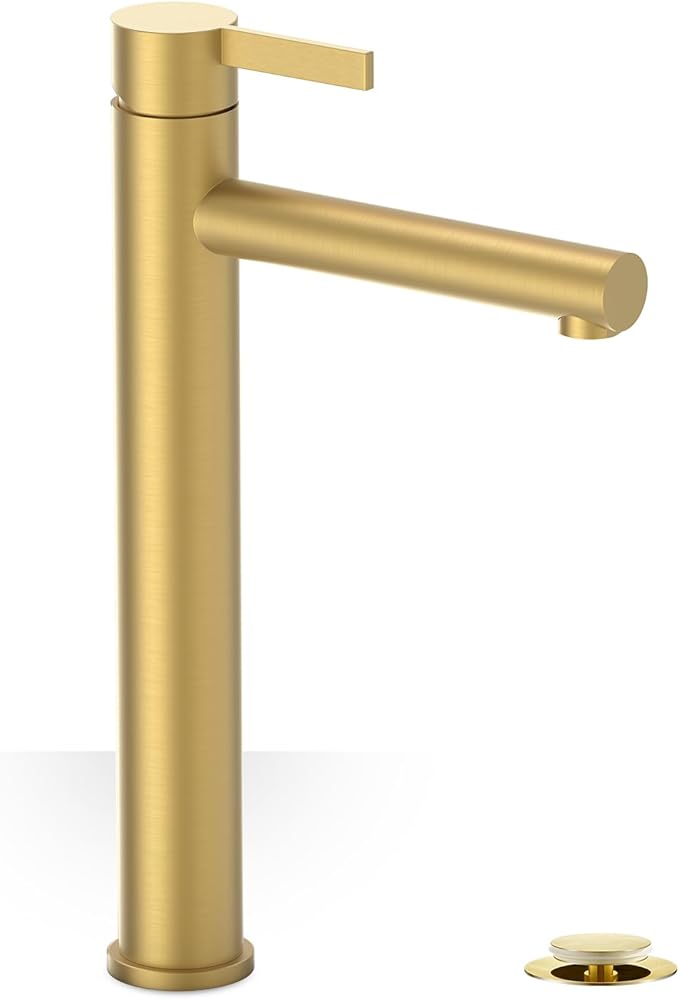 Phiestina Brushed Gold One Hole High Bathroom Vessel Sink Faucet, Single Hole Single Handle Tall Bathroom Faucet, with Pop Up Drain and Water Supply Line,FH01-BG-V