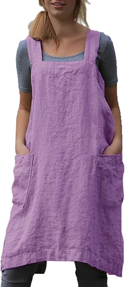 Cotton Linen Apron Cross Back Apron for Women with Pockets Pinafore Dress for Baking Cooking