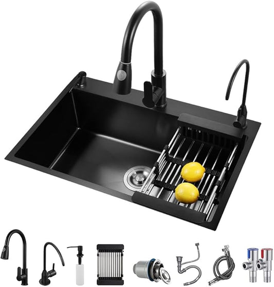 ARTLINE Black Kitchen Sink, Stainless Steel Single Bowl Sink, Drop In/Topmount Workstation Sink with Sliding Accessories, Farmhouse Workstation sink with Multiple Accessories (23.6 x 17.7in), RXZE031