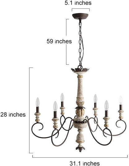 LALUZ Farmhouse Chandelier, French Country Lighting for Dining Room, 6-Light Shabby Chic Chandelier, Cloud Arms in Rusty Metal Finish, Distressed Wood, 31.1" L