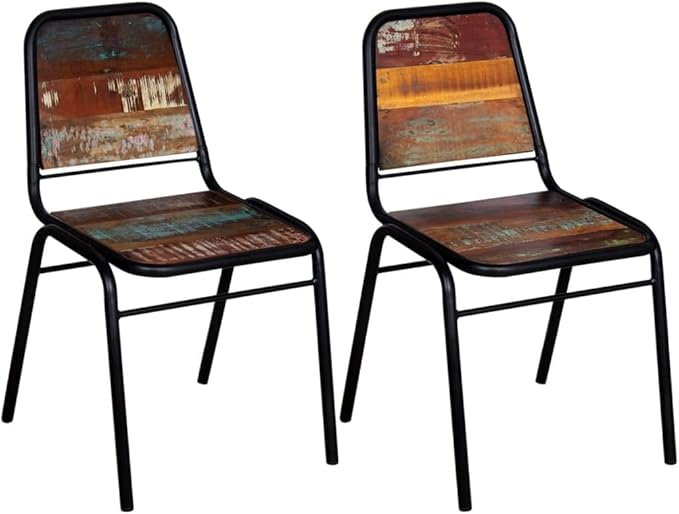 Reclaimed Wood Dining Chairs Set of 2 Solid Farmhouse Kitchen Chairs with Steel Frame Antique Style Furniture for Dining Room Living Room Comedor