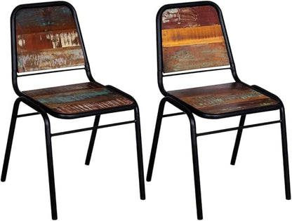 Solid Reclaimed Wood Dining Chairs Set of 2 Antique-Style Kitchen Chairs with Powder-Coated Steel Frame for Farmhouse Dining Room Furniture