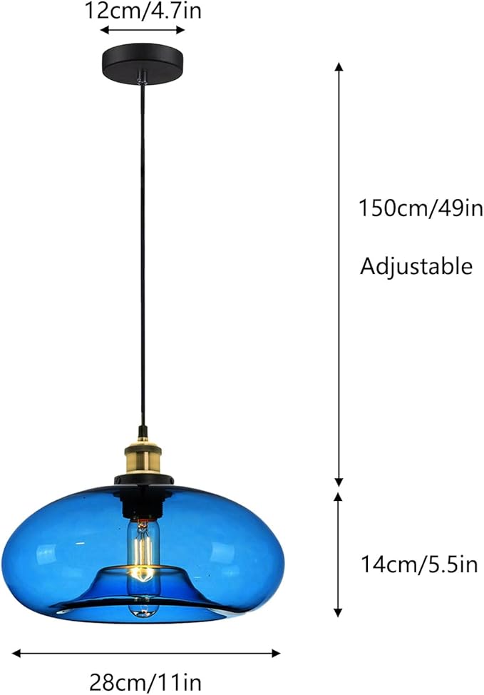 11" Dark Blue Glass Pendant Light Industrial Vintage Design Suitable for Kitchen Island Bedroom Dining Room Adjustable Height E26 Bulb Compatible (Dark Blue)