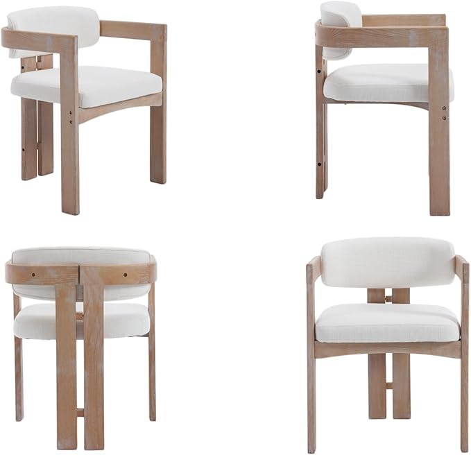 Farmhouse Dining Chairs Set of 2, Accent Barrel Kitchen Armchairs with Solid Wood Legs, Upholstered Linen Side Chairs for Dining Room/Living Room/Kitchen Island/Bedroom/Restaurant, Beige