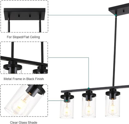 Farmhouse Dining Room Light Fixture 6 Lights Chandeliers for Dining Room Black Pendant Lighting with Clear Glass Shade for Dining Room, Foyer, Restaurant, Bar, E26 Base