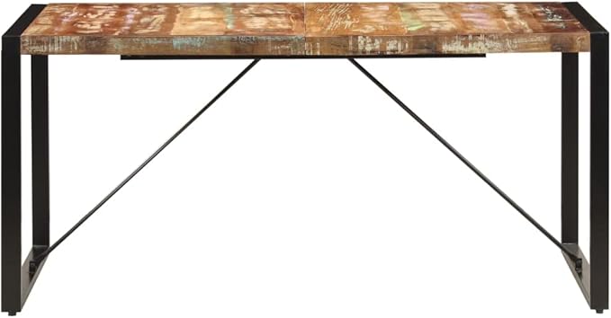 Reclaimed Wood Dining Table, Multicolored Solid Wood Top, Black Steel Legs, 63x31.5x29.5 Inch, Seats 6, Farmhouse Kitchen & Dining Room Furniture