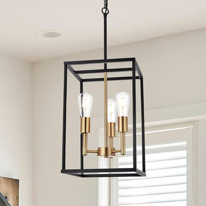 VINLUZ 3 Light Vintage Industrial Pendant Light, Lantern Cage Chandelier in Black and Brushed Brass Finish Classic Hanging Kitchen Lighting for Foyer Dining Room Kitchen Island, Bedroom