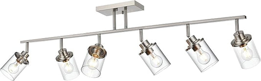 6-Light Directional Track Lighting Kit, Bathoom Lights Over Mirror Industrial Brushed Nickel Kitchen Track Lighting Fixtures Ceiling with 6 Rotatable Light Heads, Clear Glass Shade