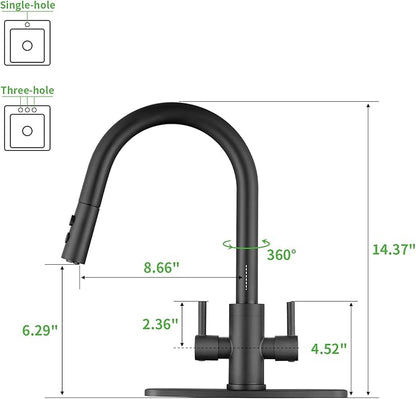 Kitchen Faucet, Two Handles Sink Faucet with Sprayer, Stainless Steel, Matte Black, PB1047