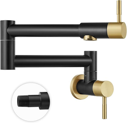 Heyalan Pot Filler 19 Inch Wall Mount Folding Stretchable Kitchen Restaurant Faucet Stainless Steel Pot Filler Double Joint Swing Arm Two Handles Commercial NPT,Straight Handle,Black and Brushed Gold