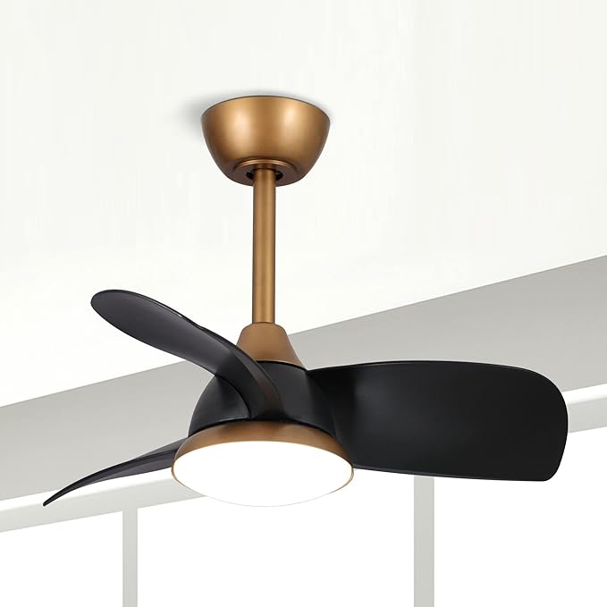 28 Inch Black Gold Ceiling Fan with Light and Remote, Industrial Modern Small Ceiling Fan, 6-Speed Quiet DC Motor, Reversible Airflow, Dimmable LED Light, Use for Bedroom, Dining Room, Kitchen