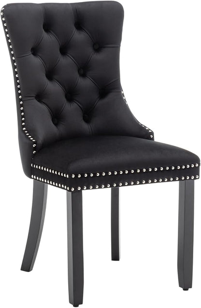 Eifizek Velvet Dining Chairs Set of 2, Tufted Dining Room Chairs with Nailhead Ring Pull Trim, Upholstered Dining Chairs with Solid Wood Legs for Kitchen Dining Room (Black)