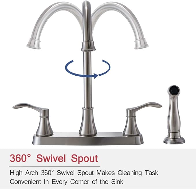 3 Hole or 4 Hole Two Handle Kitchen Faucet with Side Sprayer, Commercial Lead-Free Brushed Nickel Kitchen Sink Faucets for Rv Sinks with High-Arc Spout & Side Sprayer, VADR0004L