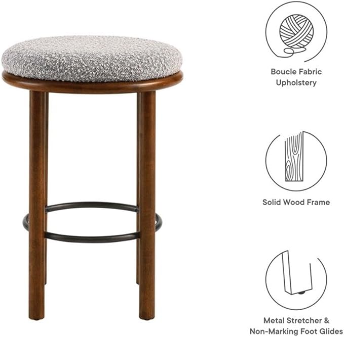 Modway Fable 26 Inch Backless Counter Stools Set of 2 in Walnut Taupe - Kitchen Stools Counter Height - 2Pcs Upholstered Padded Boucle Seat for Kitchen Counter or Island with Wood Legs and Footrest