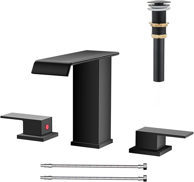 AVSIILE Matte Black Waterfall Bathroom Faucet 3 Hole, 8 Inch Widespread Modern 3 Piece Bathroom Sink Faucet, Touch On Lavatory Faucet for Vanity RV Restroom, Straight Spout