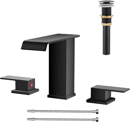 AVSIILE Matte Black Waterfall Bathroom Faucet 3 Hole, 8 Inch Widespread Modern 3 Piece Bathroom Sink Faucet, Touch On Lavatory Faucet for Vanity RV Restroom, Straight Spout