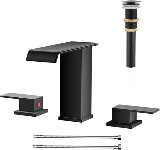 AVSIILE Matte Black Waterfall Bathroom Faucet 3 Hole, 8 Inch Widespread Modern 3 Piece Bathroom Sink Faucet, Touch On Lavatory Faucet for Vanity RV Restroom, Straight Spout