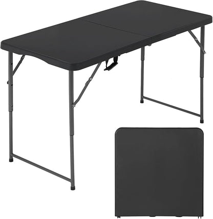 FDW 4 Foot Outdoor Dining Table, Foldable Portable Rectangular Plastic Folding Table with Built in Carrying Handle and Height Adjustable for Party and Wedding Use, Black
