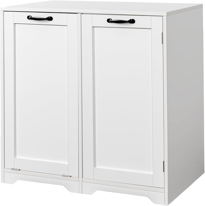 KEIKI Laundry Cabinet with Doors and shelf, Tilt-Out Laundry Hamper, Freestanding Style, Adjustable Shelf, Accent Table for Bathrooms Laundry Room Kitchen, White, (Style D)