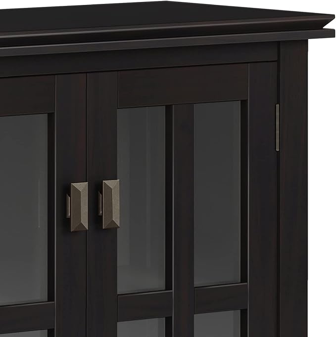 SIMPLIHOME Artisan Storage Cabinet - 30 inch Wide Solid Wood Low Storage Cabinet in Hickory Brown, Contemporary Accent Cabinet for Living Room or Dining Room with Glass Doors and Adjustable Shelves