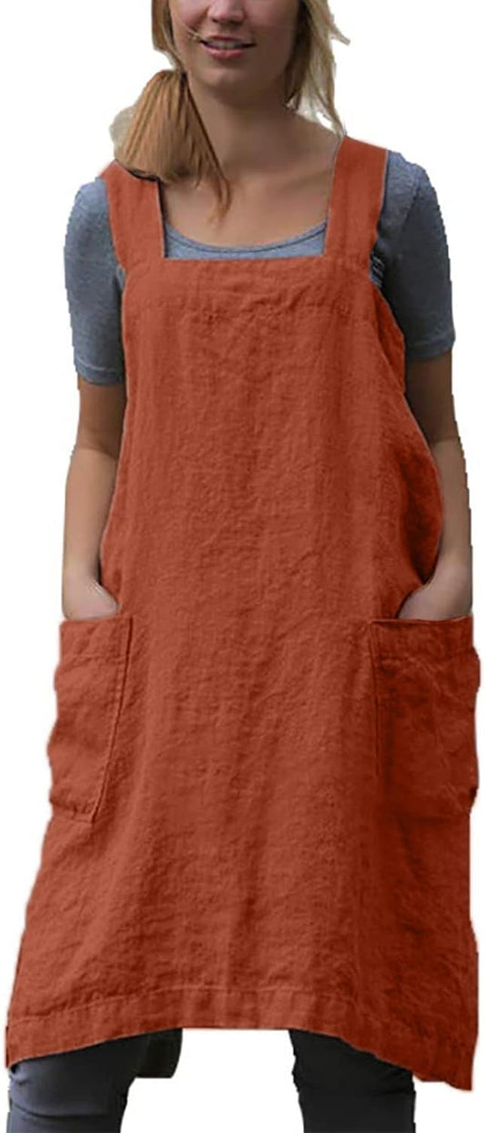 Cotton Linen Apron Cross Back Apron for Women with Pockets Pinafore Dress for Baking Cooking