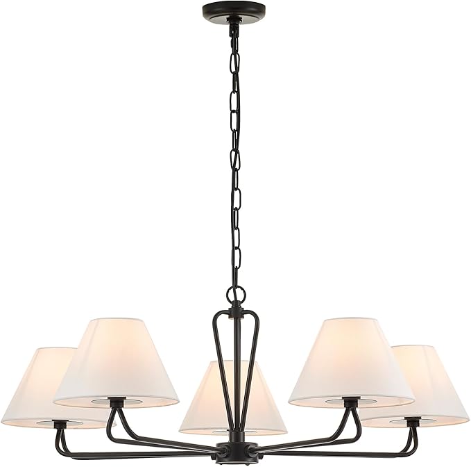 VILUXY Black Farmhouse Chandelier 5-Light Modern Chandelier with White Fabric Shade 35’’ Large Dining Room Light Fixture Adjustable Pendant Lighting for Kitchen Island Living Room, UL Listed