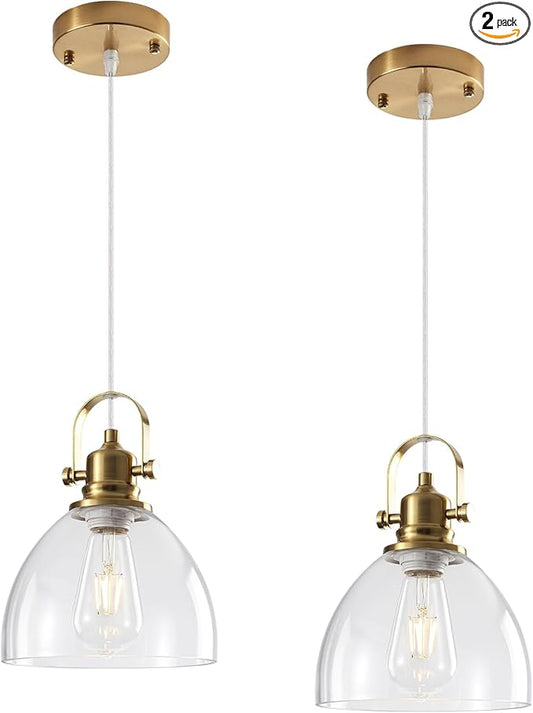 Gold Pendant Lights Kitchen Island 2 Pack, 7.5 inch Farmhouse Glass Pendant Lights, Vintage Gold Glass Pendant Light, Island Pendant Lights for Dining Rooms, Living Room, Bar