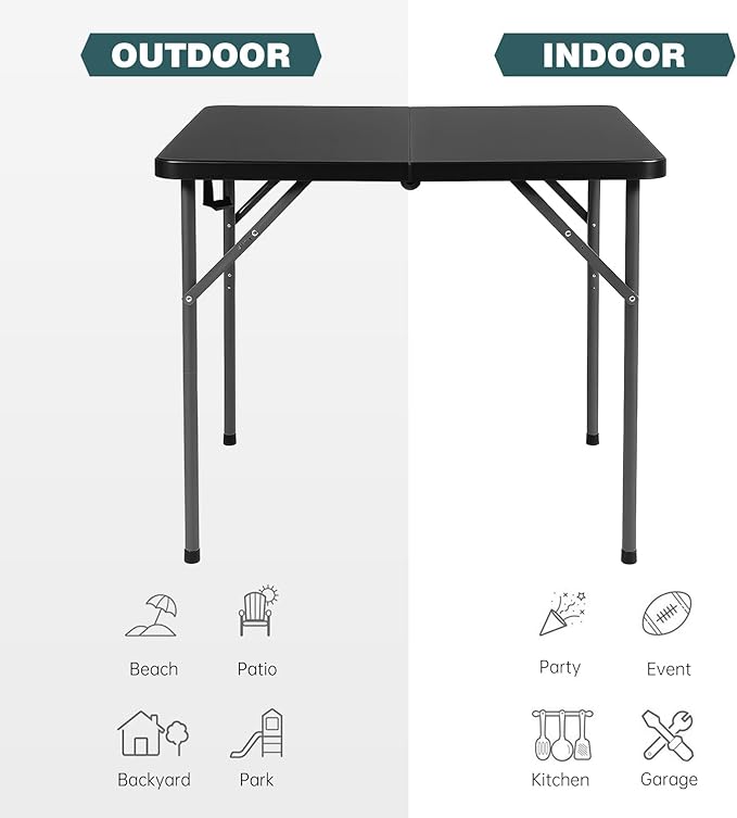 FDW 34" Square Outdoor Dining Table, Foldable Portable Plastic Folding Card Table with Built in Carrying Handle and Height Adjustable for Party and Wedding Use, Black