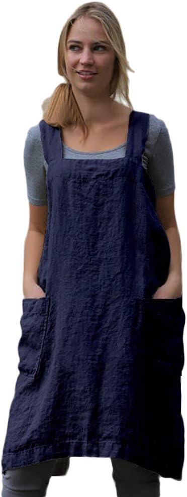 Larmliss Women's Pinafore Square Apron Baking Cooking Gardening Works Cross Back Cotton/Linen Blend Dress with 2 Pockets