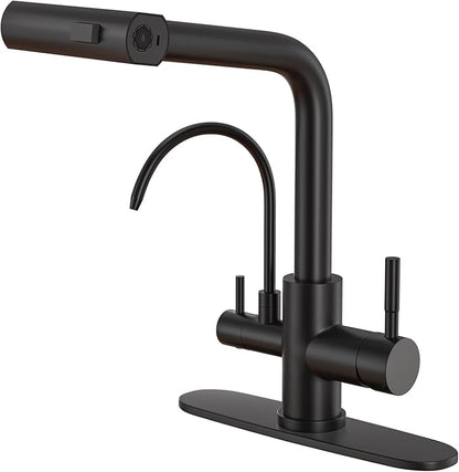 Fapully Pull-Down Kitchen Faucets, Matte Black 3 Way Kitchen Sink Faucet with Pull Down Sprayer and Drinking Water Faucet, Include Deck Plate for 1 or 3 Holes