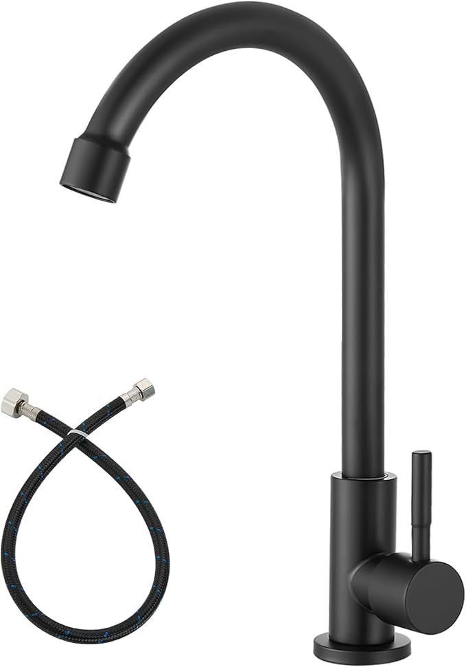 Heyalan Matte Black Cold Water Only Kitchen Faucet SUS304 Sink Faucets High Arc Gooseneck 360 Degree Rotation Spout Basin Tap with Longer Thread Pipe