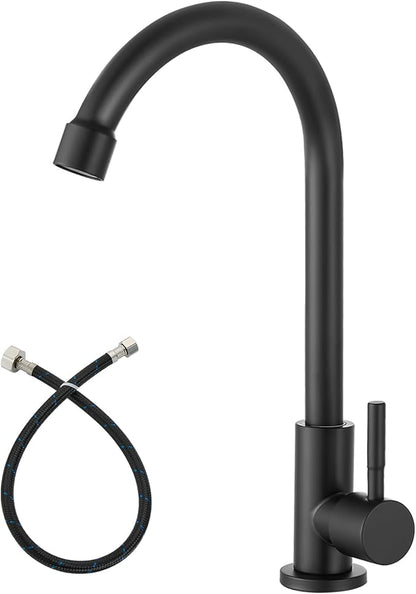 Heyalan Matte Black Cold Water Only Kitchen Faucet SUS304 Sink Faucets High Arc Gooseneck 360 Degree Rotation Spout Basin Tap with Longer Thread Pipe