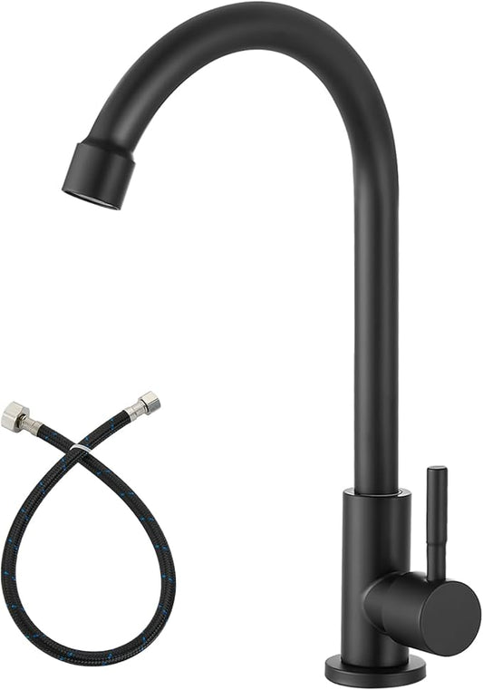 Heyalan Matte Black Cold Water Only Kitchen Faucet SUS304 Sink Faucets High Arc Gooseneck 360 Degree Rotation Spout Basin Tap with Longer Thread Pipe