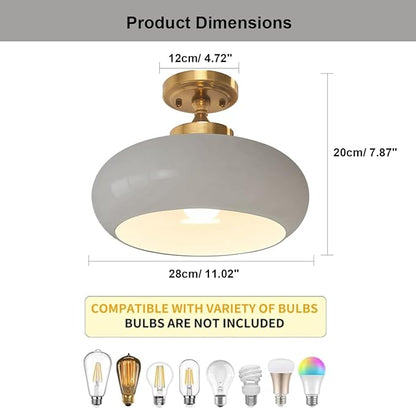 Mid Century Modern Semi Flush Mount Ceiling Light, Gold Kitchen Ceiling Light Fixture with Glass Shade, Grey Close to Ceiling Lamp Mini Chandeliers for Entryway Hallway Bathroom
