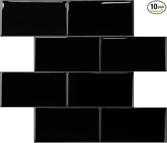 STICKGOO 10-Sheet Backsplash Peel and Stick Subway Tile, Black Self Adhesive Vinyl Wall Tiles, Stick on Backsplash for Kitchen and Bathroom(Thicker Design)