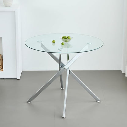 Modern Dining Table for 4-6 People, 47" Round Dining Table with Silver Chrome Metal X-Base, Circle Tempered Glass Dining Room Table, Small Kitchen Dining Room Tables Dinner Tables