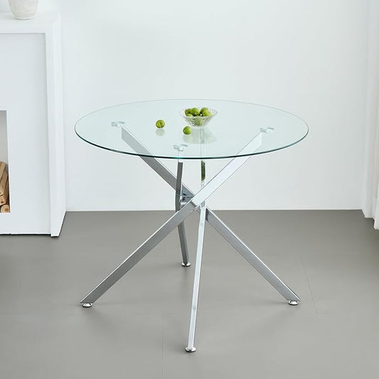 Modern Dining Table for 4-6 People, 47" Round Dining Table with Silver Chrome Metal X-Base, Circle Tempered Glass Dining Room Table, Small Kitchen Dining Room Tables Dinner Tables
