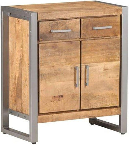 Natural Mango Wood Sideboard, Grey Finish, Industrial Design, 2 Drawers, 2 Doors, 23.6x13.8x28.3in, Living Room Storage Cabinet Furniture Kitchen Furnitur