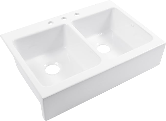 Sinkology Parker 34 Inch White Fireclay Quick-Fit Drop-In Kitchen Sink, Double Bowl, Apron Front, Undermount Installation, Fits 36 Inch Cabinet, Surefire Finish