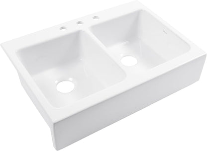 Sinkology Parker 34 Inch White Fireclay Quick-Fit Drop-In Kitchen Sink, Double Bowl, Apron Front, Undermount Installation, Fits 36 Inch Cabinet, Surefire Finish