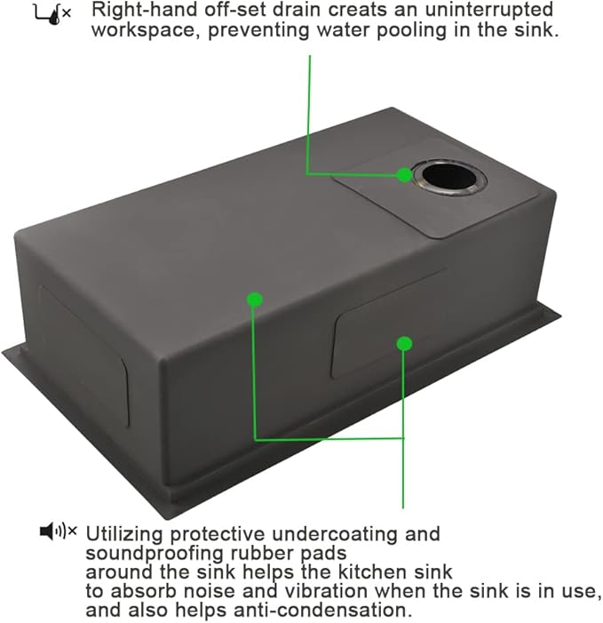 33 Black Undermount Kitchen Sink, 33x19 Stainless Steel Workstation Kitchen Sink with Offset Drain 16 Gauge Single Bowl Deep Basin
