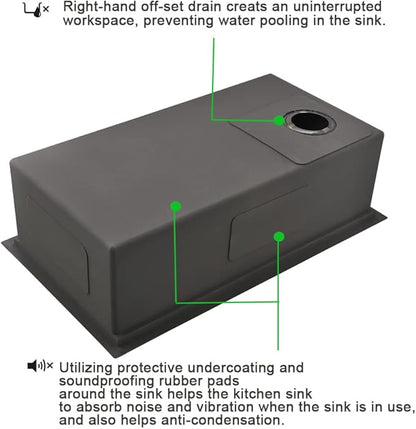 33 Black Undermount Kitchen Sink, 33x19 Stainless Steel Workstation Kitchen Sink with Offset Drain 16 Gauge Single Bowl Deep Basin