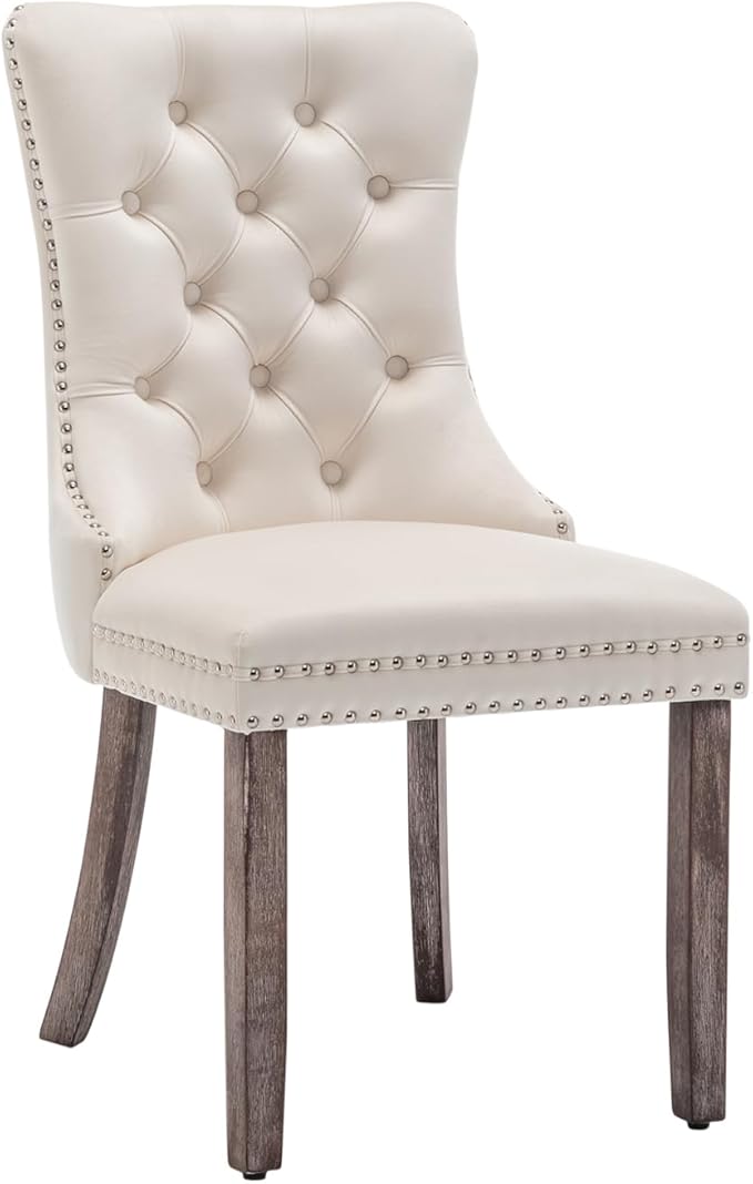 Eifizek Velvet Dining Chairs Set of 4, Upholstered Dining Room Chairs with Nailhead Ring Pull Trim, Button Tufted Wing Back Chairs for Dining with Solid Wood Legs for Kitchen Dining Room(Beige)