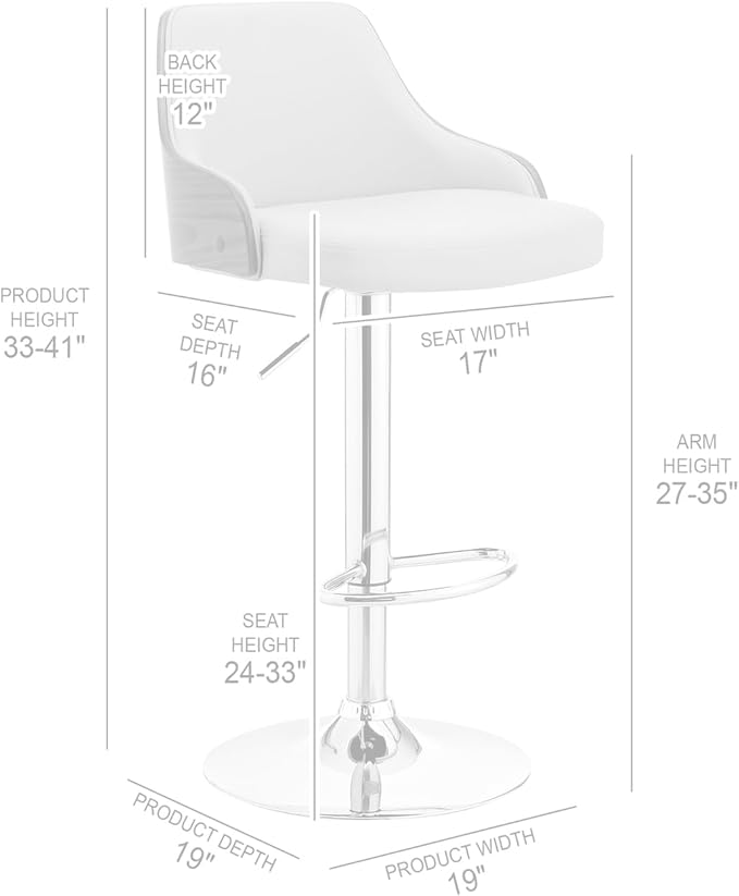 Armen Living Asher Modern Adjustable Height Swivel Gray Faux Leather and Black Wood Bar Stool with Black Base for Kitchen Island Counter